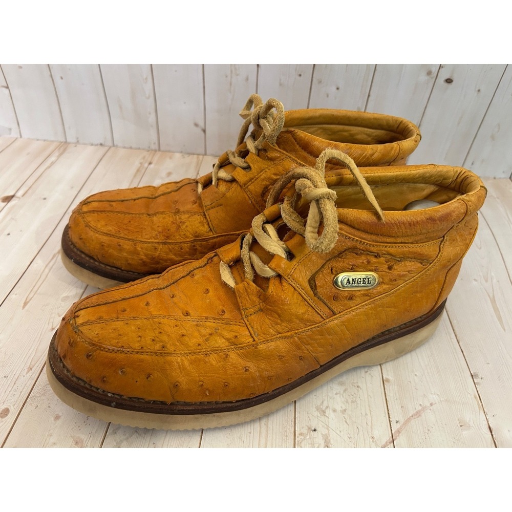 Fenix  Angel Custom Boots Mens Size 10 Cognac Ostrich Leather Ankle Lace Up